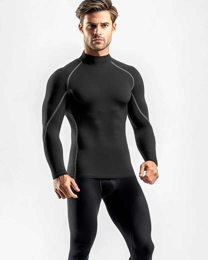 Compression Shirt Men 3 Pack Long Sleeve Base Layer Workout Mock Neck Shirts 4-Way Stretch Moisture-Wicking Tops