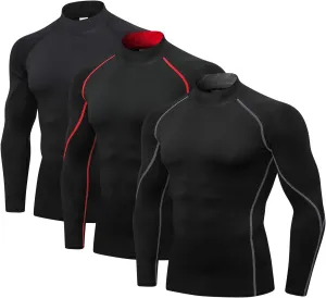 Compression Shirt Men 3 Pack Long Sleeve Base Layer Workout Mock Neck Shirts 4-Way Stretch Moisture-Wicking Tops