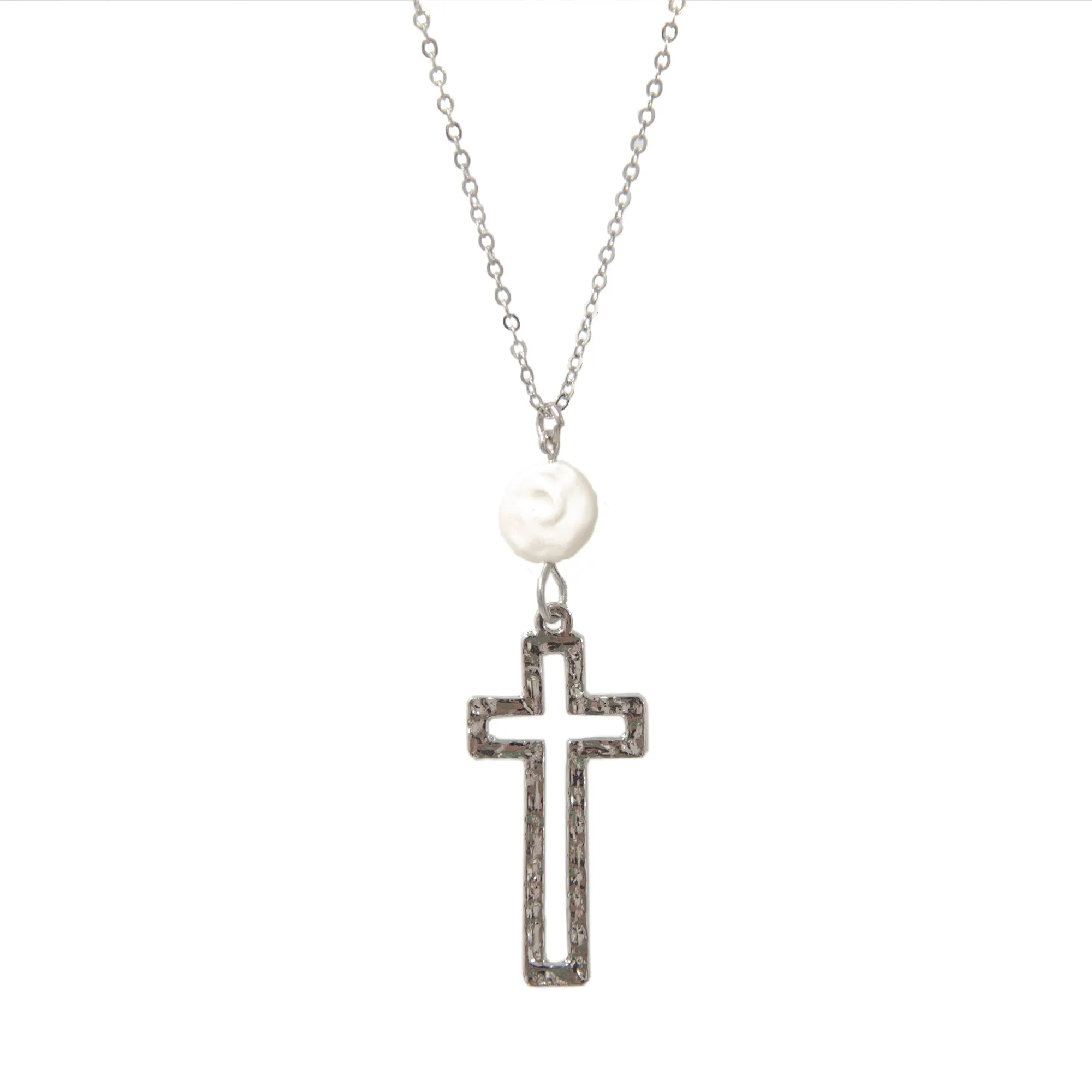 Hammered Cross with Pearl Necklace
