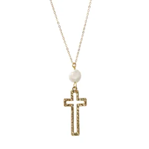 Hammered Cross with Pearl Necklace