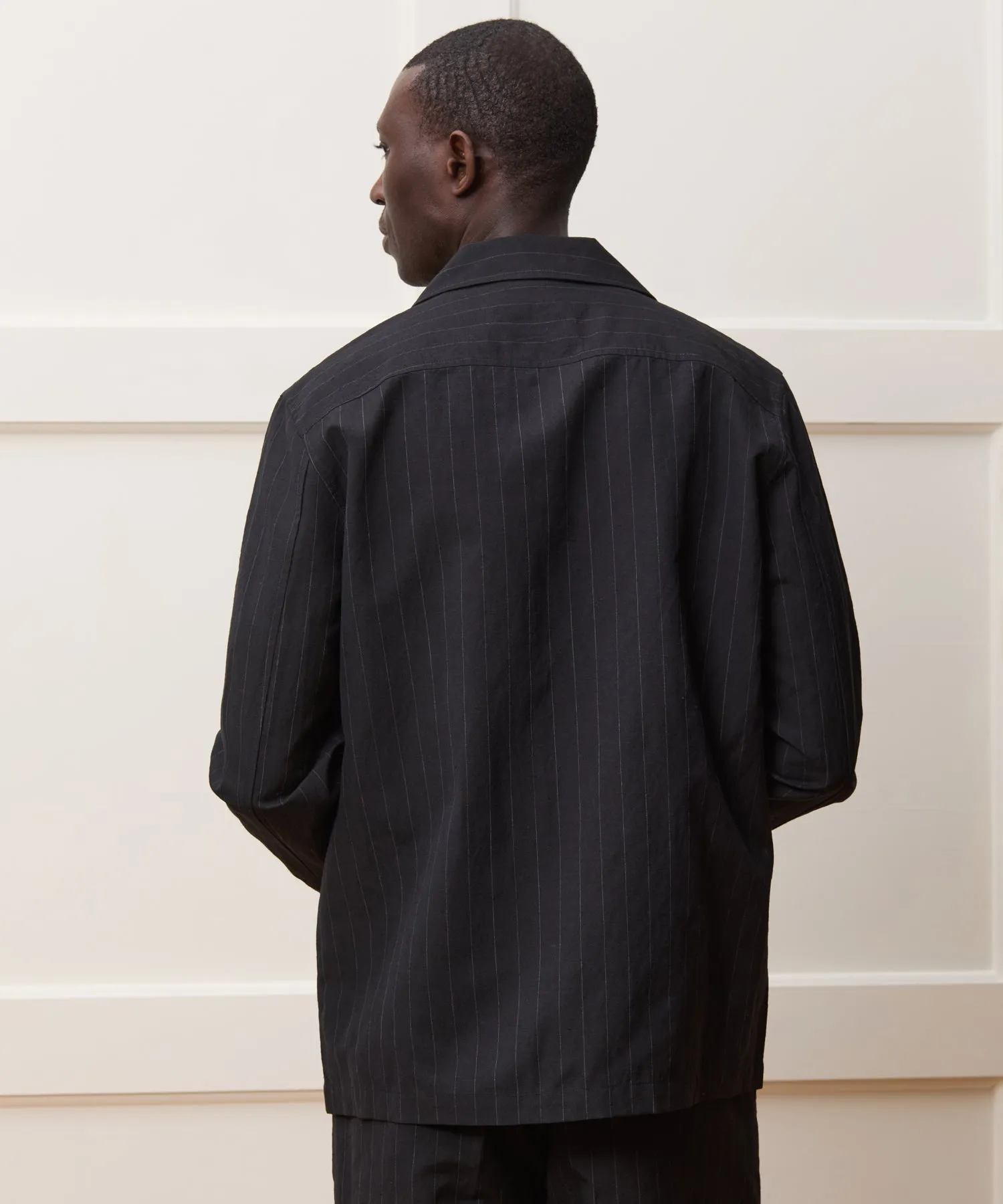 Italian Wool Linen Set in Black Pinstripe