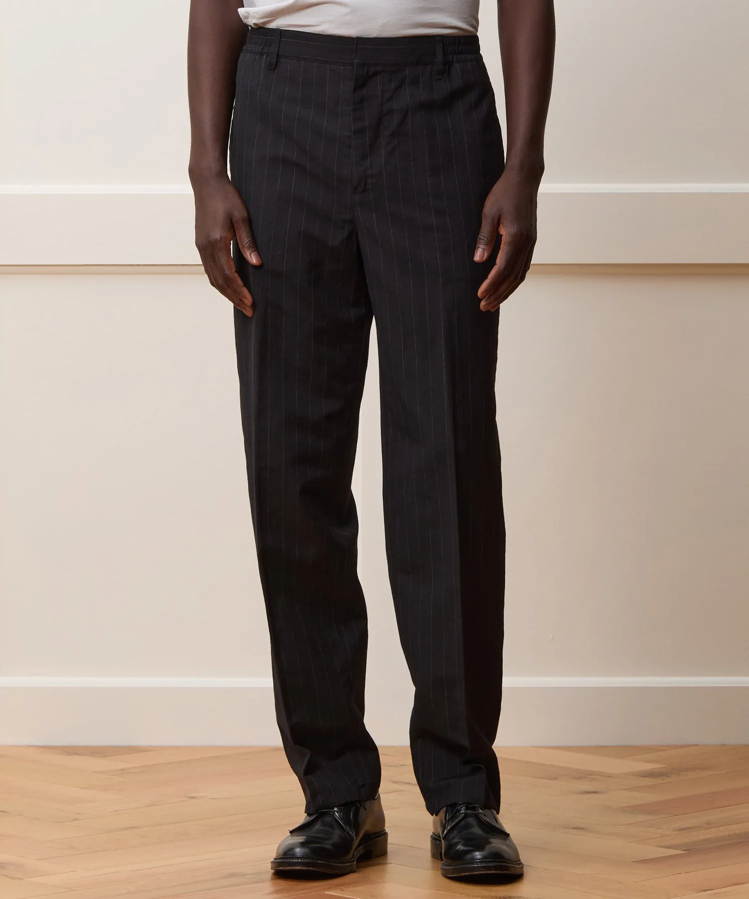 Italian Wool Linen Set in Black Pinstripe