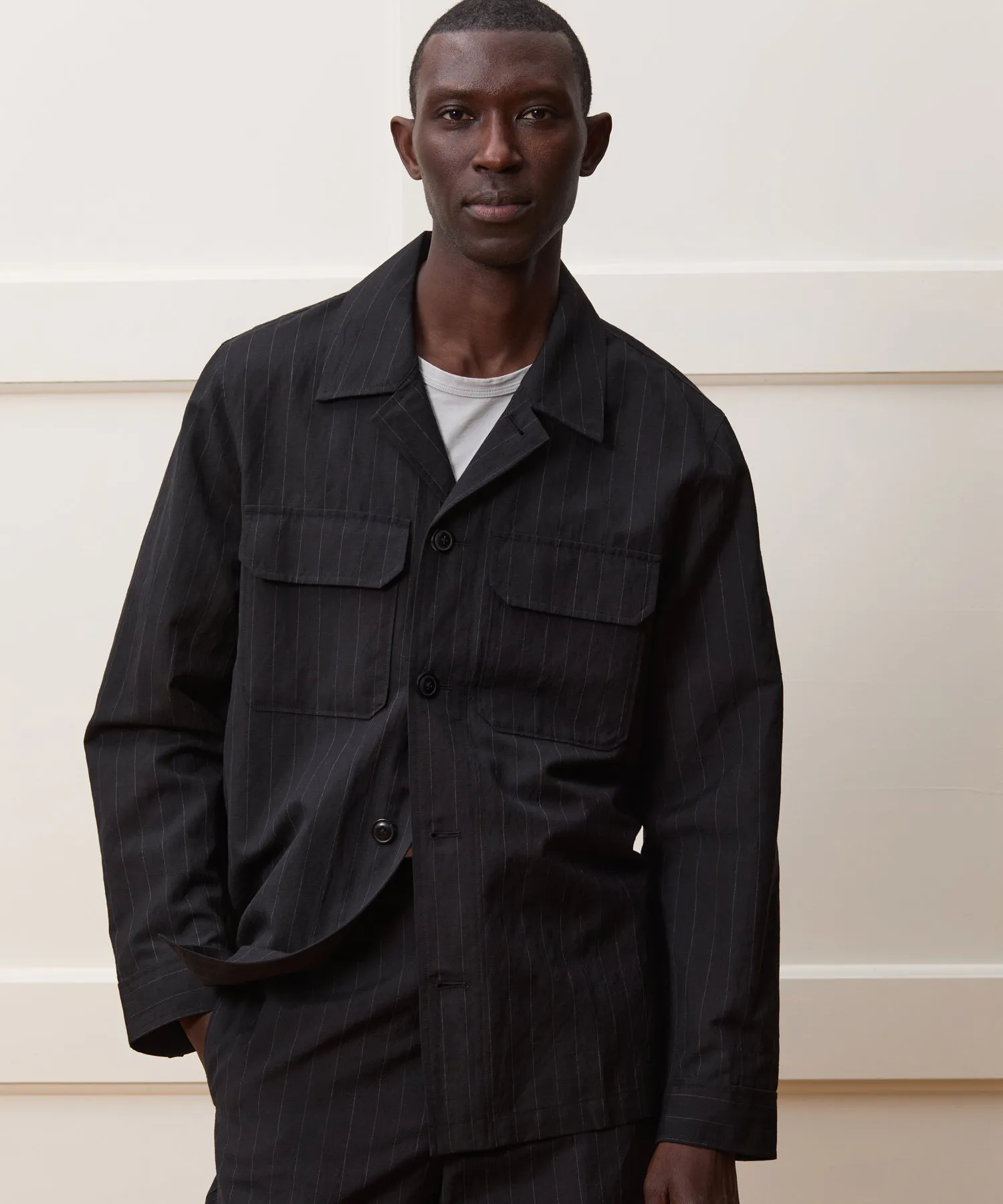 Italian Wool Linen Set in Black Pinstripe
