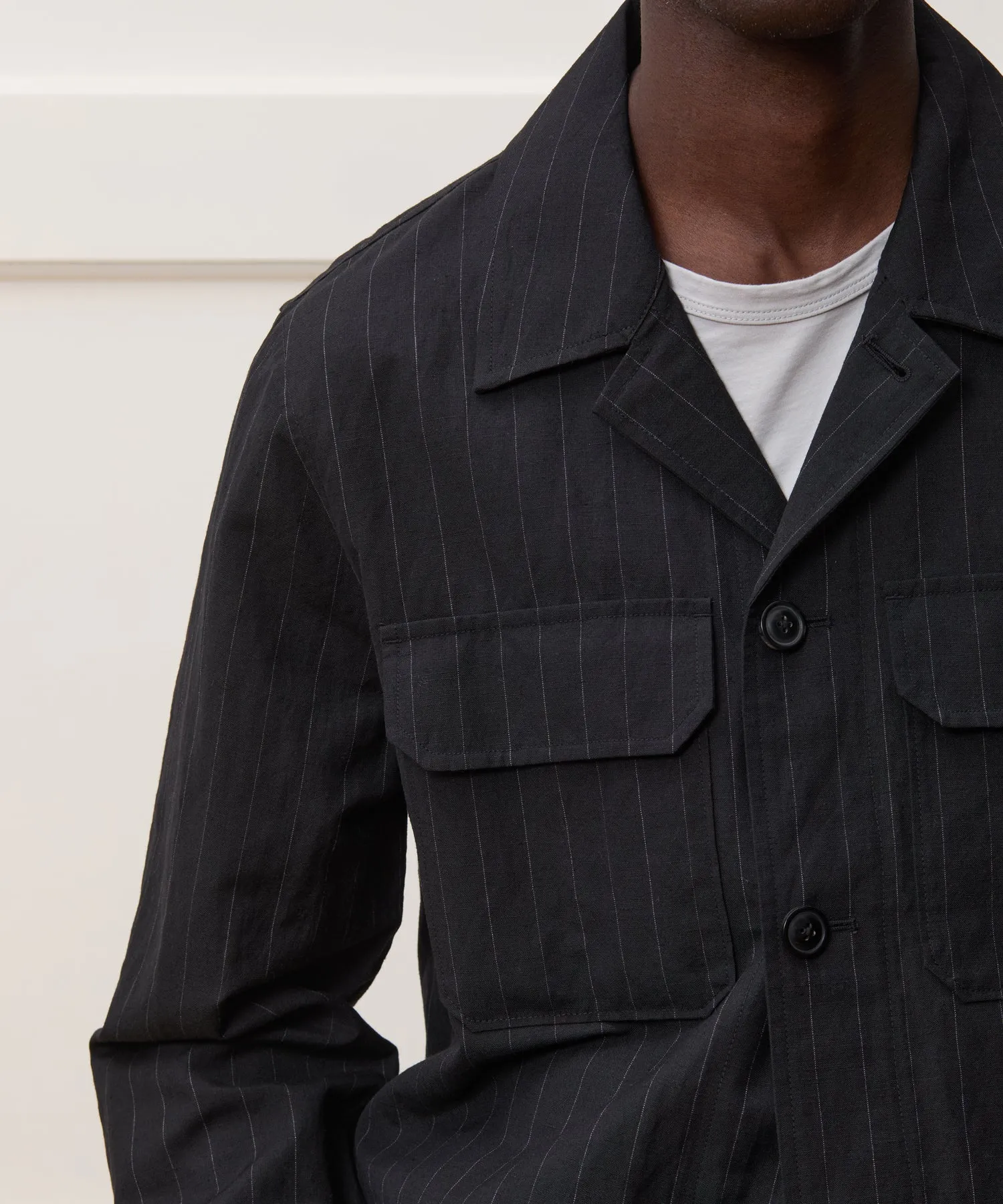 Italian Wool Linen Set in Black Pinstripe