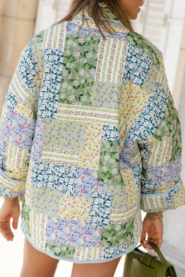 Purpdrank - Green Casual Floral Pocket Turndown Collar Outerwear