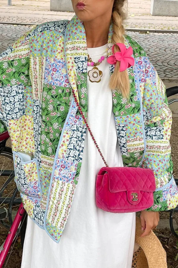 Purpdrank - Green Casual Floral Pocket Turndown Collar Outerwear