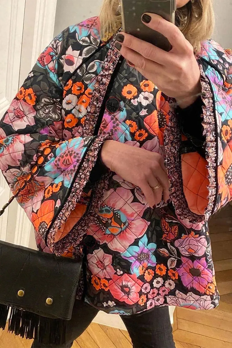 Purpdrank - Green Casual Floral Pocket Turndown Collar Outerwear