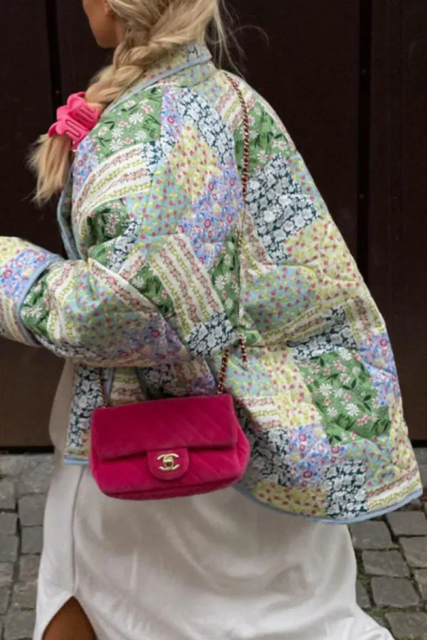 Purpdrank - Green Casual Floral Pocket Turndown Collar Outerwear