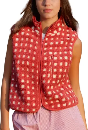 Womens Checkered Sherpa Vest Sleeveless Winter Fleece Jacket High Neck Zip Up Plaid Gilet with Chest Pocket