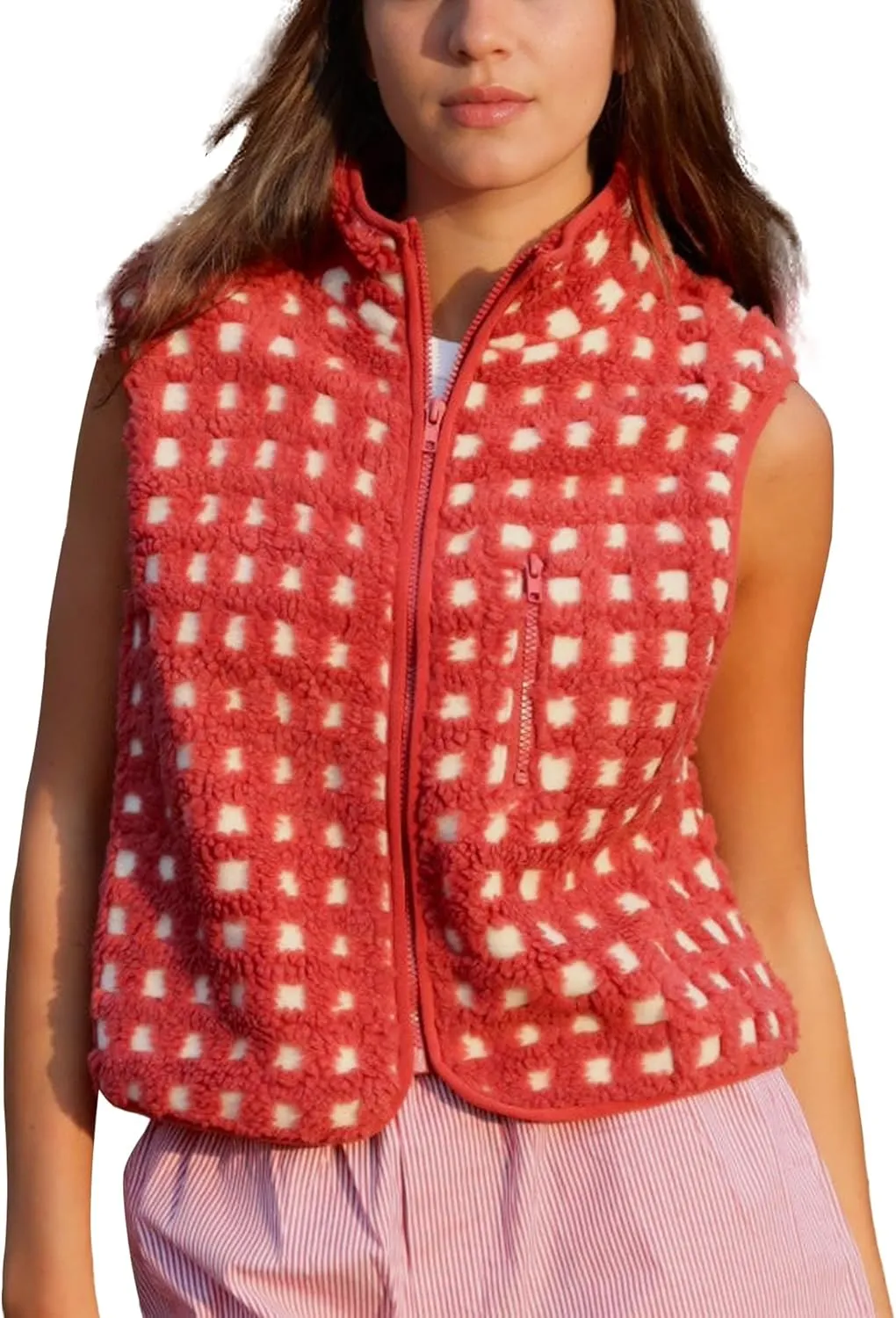 Womens Checkered Sherpa Vest Sleeveless Winter Fleece Jacket High Neck Zip Up Plaid Gilet with Chest Pocket